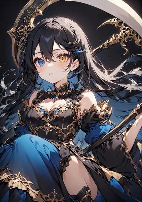 Anime girl, black hair with blue gradient at the tips, eyes with blue and gold heterochromia, blue and black Renaissance dress with gold details, carrying a scythe, on a black background