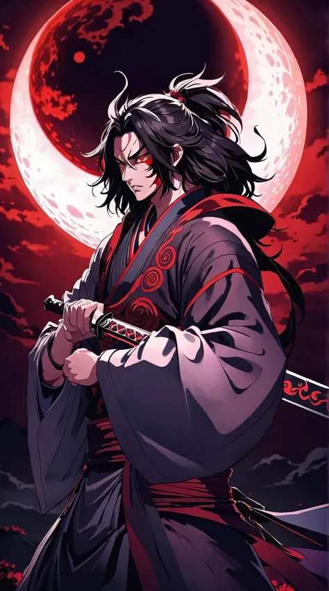 a close up of a person holding a sword in front of a red moon, demon slayer artstyle, handsome guy in demon slayer art, demon sa...