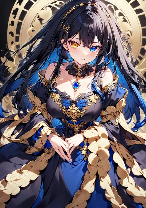 Anime girl, black hair with blue gradient at the tips, eyes with blue and gold heterochromia, blue and black Renaissance dress with gold details, on a black background