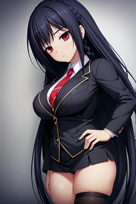 black-hair,bainded-hair,Braided Hair、long-hair,red-eyes,big-breast,business-suit,black-business-suit,black-pantyhose,mini-skirt,23 years old,older sister、Ultra-high resolution、Ultra HD,Braided Hair、red-tie,standing