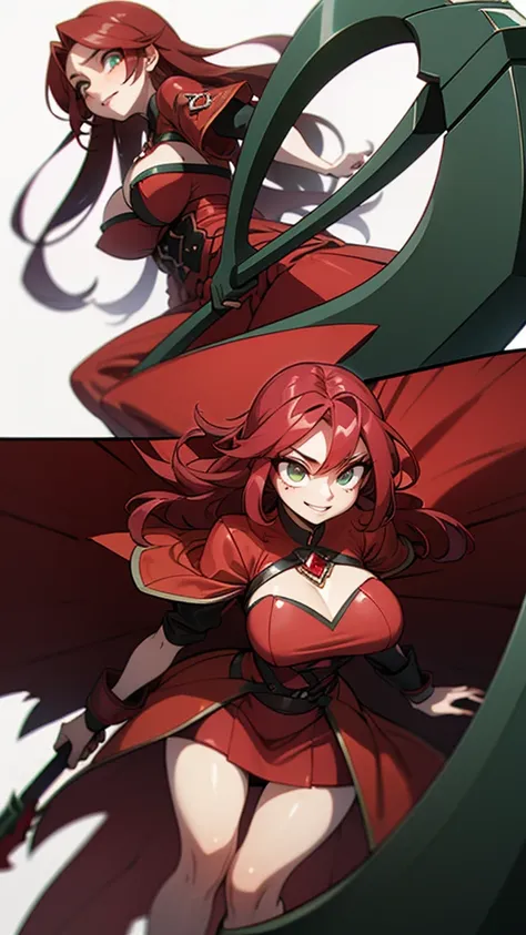 a female character with long curly hair wearing a short ruby red colored outfit. character wielding a black scythe. emerald gree...