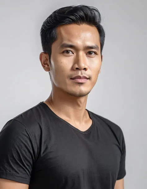 (High quality, 4K, HDR) A handsome Indonesian man, 30 years old, with short hair, wearing a black shirt, facing forward, standing confidently. (white background), (realistic, super detail)