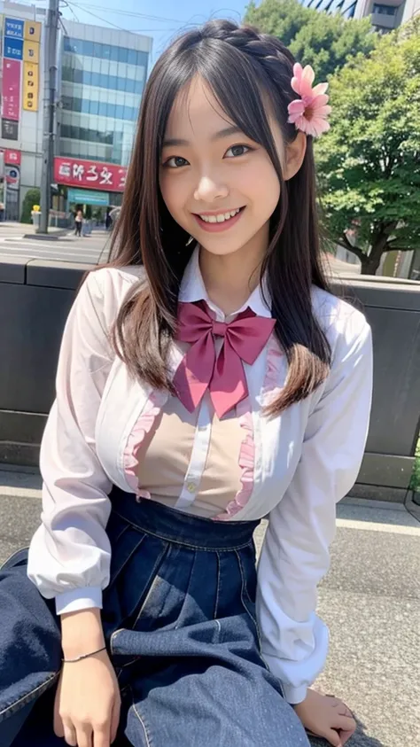 Raw photo、Ultra-realistic、Ultra detailed face、Detail lips、Detailed eyes、High school girl smiling showing her teeth、Long Hair:1.1、chest、Visible curves、Laughing with your mouth open 、Tokyo city角、 Whole body、( Slender body)、(Long Hair)、Big Breasts、Idol、(paste...