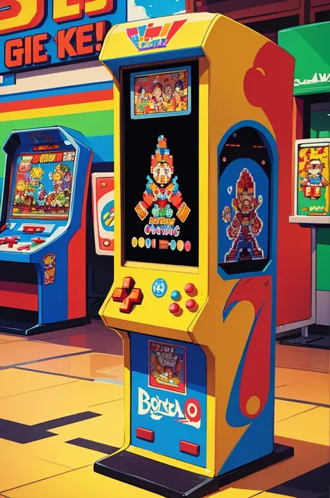 "A detailed, hand-drawn illustration of a retro arcade scene, complete with pixel art characters playing classic arcade games. The arcade machines are colorful and nostalgic, with various game screens depicted."
