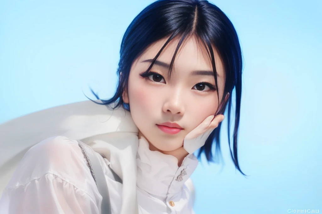 there is a woman with a white shirt posing for a picture, inspired by Ma Yuanyu, sui ishida with black hair, young cute wan asian face, portrait of female korean idol, xintong chen, Chiho, lu ji, chengyou liu, Yoshitomo Nara, yun ling, close - up studio ph...