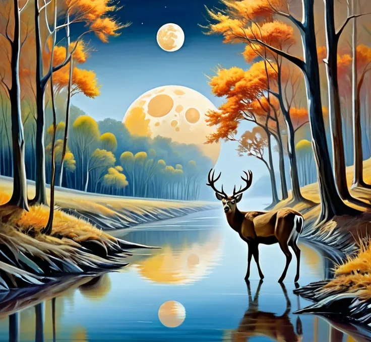 surreal landscape, many moons, deer walking along river edge, painted brush strokes