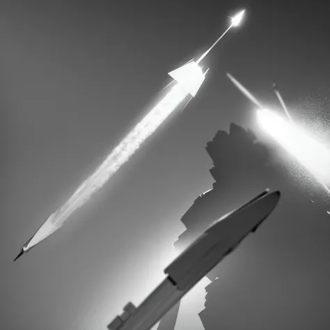 A drawing of a rocket taking off into space, monochrome with few details