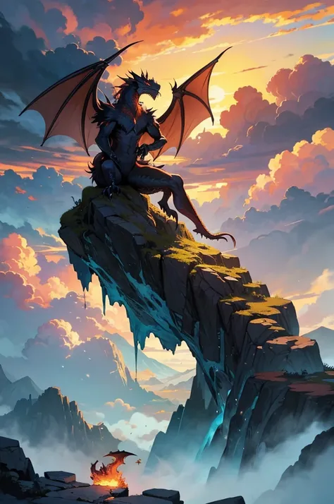 "A detailed illustration of a majestic dragon perched on a rocky cliff, with its wings partially spread and fire coming out of its mouth. The background features a dramatic sky with clouds and distant mountains."
