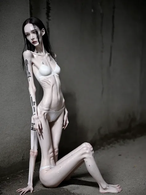 a woman, very thin body, body visible bones, very slender, sweaty wet body, pale white skin, panties, bra,tatto, full body, has a mental breakdown in an underground prison