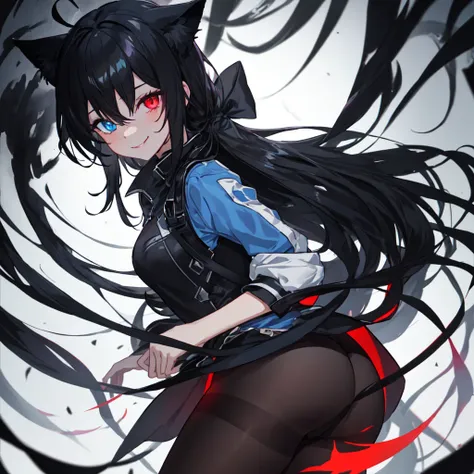 1boy, 8k, best quality, good quality, masterpiece, (stunning black long hair:1.2), heterochromia, (dark blue right eye:1.3), (red left eye: 1.3), (dark theme:1.3), (dark atmosphere:1.3), wild hair, glowing eyes, cat ears, energy wolf in background, high re...