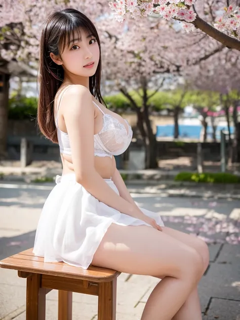 A malay mix Japanese woman with beauty face and quite large breasts, wearing a white transparent bra and white short skirt, sitting on wood chair front of a beach and shelter under big sakura tree 