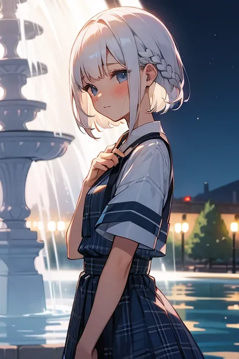 Short white hair, blush, Navy and white checked outfit、Braiding、Fountain in the background、Save face image、night、