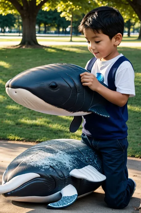 5 year old boy playing with his stuffed whale in the park