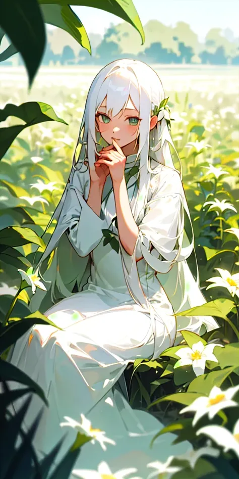 (masterpiece, best quality),1girl with long white hair sitting in a field of green plants and flowers, her hand under her chin, warm lighting, white dress, blurry foreground