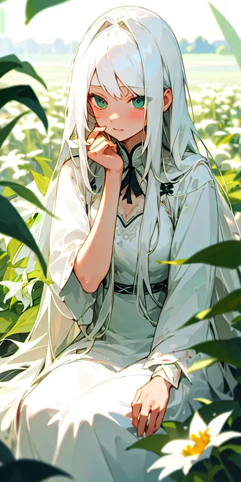 (masterpiece, best quality),1girl with long white hair sitting in a field of green plants and flowers, her hand under her chin, warm lighting, white dress, blurry foreground