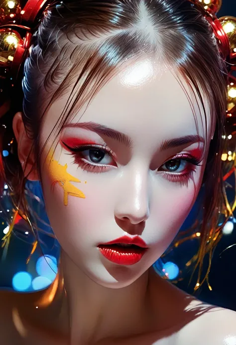 Design sophisticated digital artwork。, futuristic femme fatale,Sexy girl in Santa costume、 reflective glass glass and smooth, high tech texture, balls of light、Centered, Approaching perfection, Dynamic, Highly detailed, art  stations, Concept art, sleeoing...