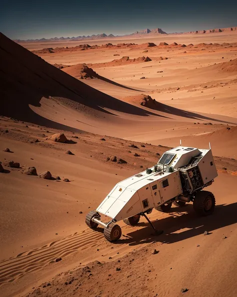 An awe-inspiring scene on Mars where three astronauts have just arrived on the red planet in a spacecraft resembling an advanced rover. The Martian landscape is barren, filled with reddish sand dunes under a dusty, orange-hued sky. The spacecraft is sturdy...