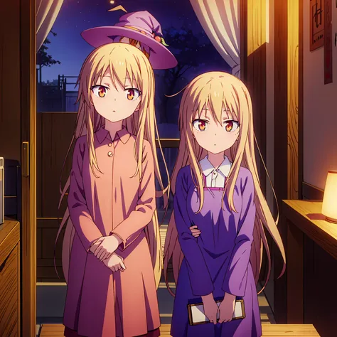 teenage anime girl, shiina mashiro, mashiro, sakurasou anime, long blonde hair, orange eyes, expressionless, , witch outfit, mag...