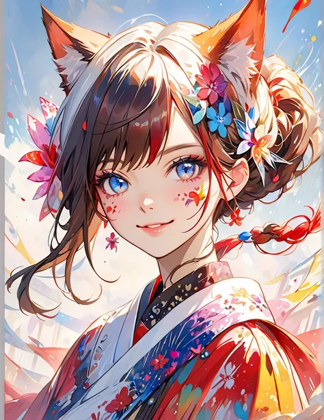 colorful style, digital art (cat personality), official art, front, Smile, masterpiece, fair, ((watercolor)), face painting, ink splatter, intricate details. Eyes are very delicate, [drop:0.5], Artstation trends, Rachel Walker