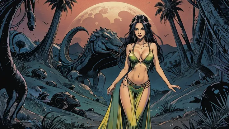 alien landscape with giant monsters, the foreground, a sexy girl with slender hips, slender hips, slender hips,medium breasts, in a long sheer gown cut in slits up to her hips, low cut between her breasts to her navel, long flowing hair, cleavage, brightly...