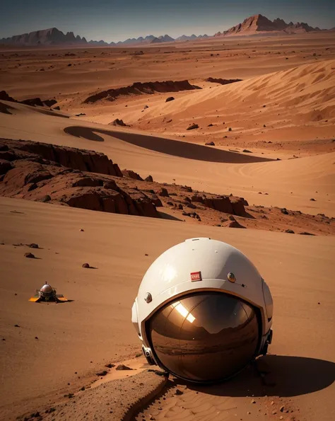 An awe-inspiring scene on Mars where three astronauts have just arrived on the red planet in a spacecraft resembling an advanced rover. The Martian landscape is barren, filled with reddish sand dunes under a dusty, orange-hued sky. The spacecraft is sturdy...