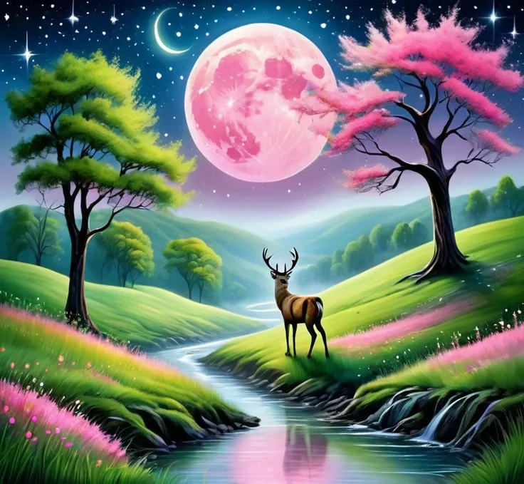 mysterious fantastical landscape, 1pink moon, lush green hills, magical trees, starry sky fantasy, deer walking at river’s edge,...