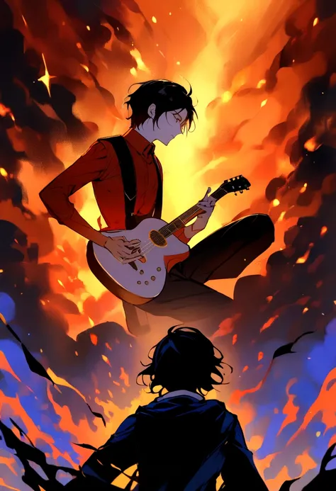 a boy seen from afar with long black hair with a red and blue fire aura playing the guitar in a background full of fire in hell blue and yellow rays fall  