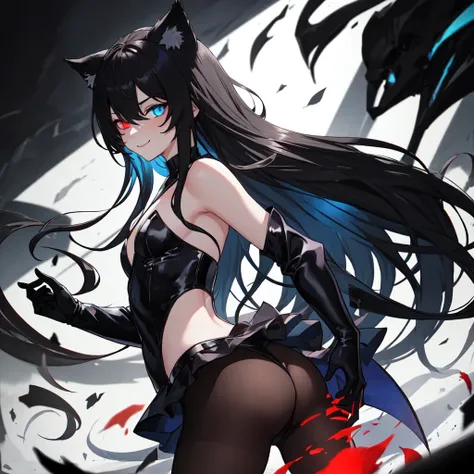 1boy, 8k, best quality, good quality, masterpiece, (stunning black long hair:1.2), heterochromia, (dark blue right eye:1.3), (red left eye: 1.3), (dark theme:1.3), (dark atmosphere:1.3), wild hair, glowing eyes, cat ears, energy wolf in background, high re...