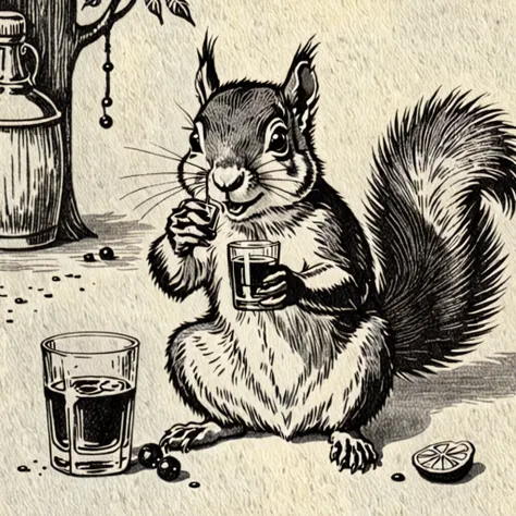 squirrel, drunk, drinking rum, vintage, pencil draw