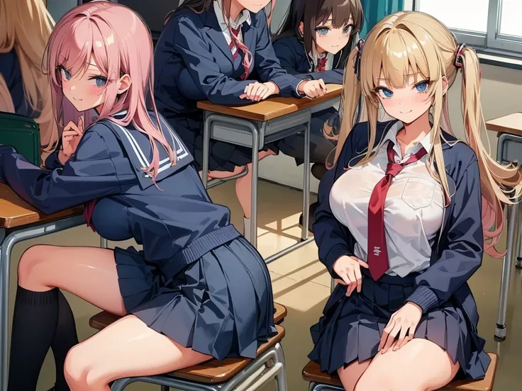 high school girl、Dressed in high 、School classroom、(Big Breasts)、((独奏))、smirk,Cheek resting on hand、Crossing legs