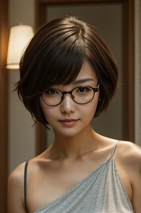 A woman with short shoulder-length hair,with glasses and two moles under her eyes with huge breasts 