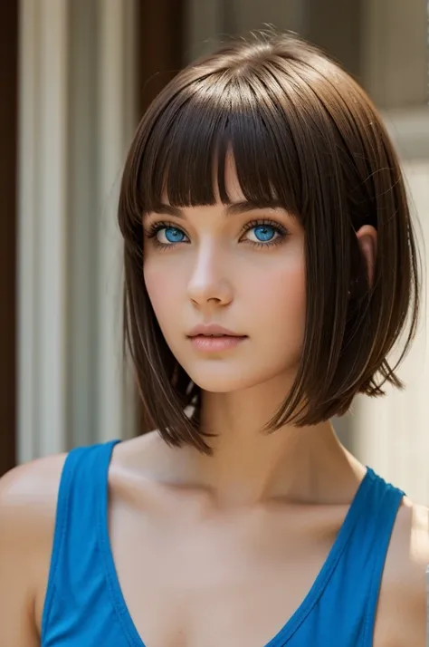 Short hair girl with bangs low brown hair with blue eyes