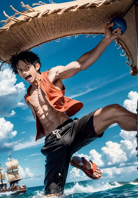 A hyper-realistic live-action depiction of Monkey D. Luffy from One Piece, in the middle of performing his iconic "Gomu Gomu no Pistol" attack. Luffy is in his signature straw hat, red vest, blue shorts, and sandals. His rubber arm is stretched back, ready...