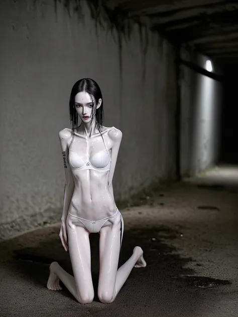 a woman, very thin body, body visible bones, very slender, sweaty wet body, pale white skin, panties, bra,tatto, full body, has a mental breakdown in an underground prison, kneeling down