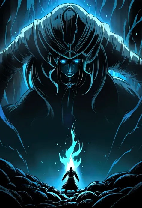 illustration in anime style, a magician guy fights using magic, in the style of Elden Ring, dark souls, an atmosphere of darkness and gloom, the magicians eyes are checked with blue light