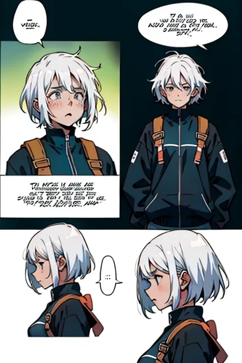 girl with short white hair small, coughing and crying, manga page with panels and dialogue