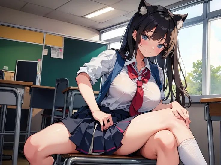 high school girl、Dressed in high 、School classroom、(Big Breasts)、((独奏))、alone、smirk,Cheek resting on hand、Crossing legs