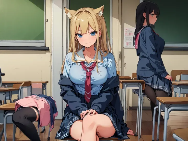 high school girl、Dressed in high 、School classroom、(Big Breasts)、((独奏))、alone、smirk,Crossing legs