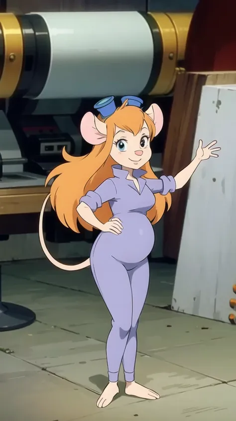 cartoon_gadget_hackwrench mouse, mouse girl, orange hair, jumpsuit, goggles on head, bare feet, animal feet, smiling, long mouse...