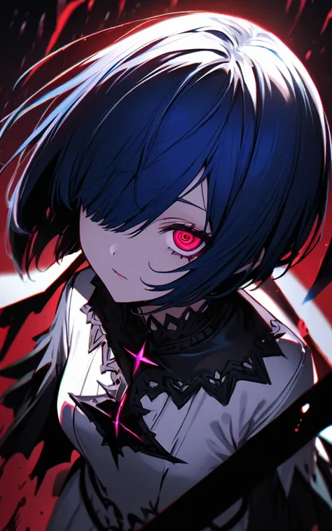 (masterpiece)、(absurdres)、(ultra detailed),Crazy Eyes、despair、Dark Side、closed mouth,Blood droplets、darkness,Blood pool space、Blood dripping background:1.3、solo girl、slender:1.1、shiny ultramarine hair、straight hair、short bobcut:1.1、hair covering one eye:1....