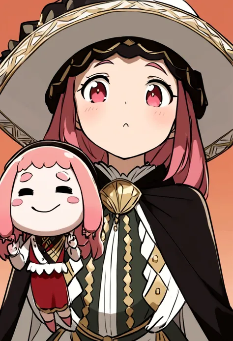 Japanese anime-type axolotl girl with a charro skirmish dress from 1810 and a Saint Louis-type hat adorned with trim and a cape with gold details and cheek pads 