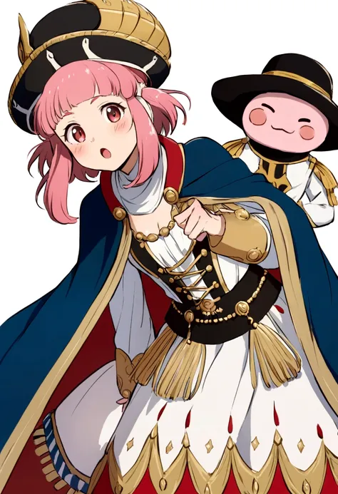 Japanese anime-type axolotl girl with a charro skirmish dress from 1810 and a Saint Louis-type hat adorned with trim and a cape with gold details and cheek pads 