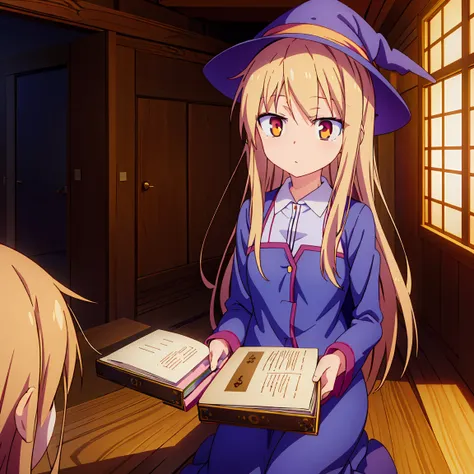 teenage anime girl, shiina mashiro, mashiro, sakurasou anime, long blonde hair, orange eyes, expressionless, , witch outfit, mag...