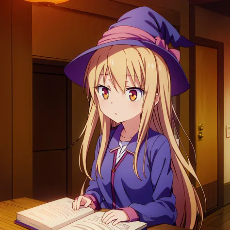 teenage anime girl, shiina mashiro, mashiro, sakurasou anime, long blonde hair, orange eyes, expressionless, , witch outfit, mag...