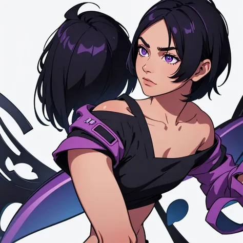 standing straight up, standing back straight, looking straight, looking forward, looking into camera, looking straight, full face visible, full view of face, short black hair, highres, high resolution, masterpiece, wide purple eyes, talking, neutral face, ...