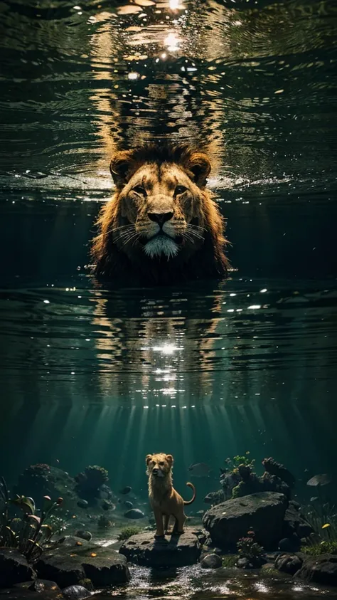 COVER FOR A MUSIC ALBUM TITLE SUBMERGED A LION IMMERSED IN WATER