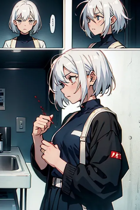 Girl with short white hair small, throwing up blood, manga page with panels and dialogue  