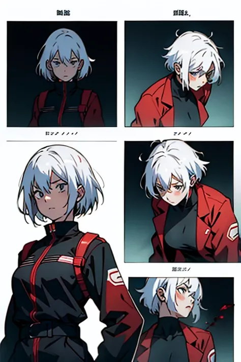 Girl with short white hair small, throwing up blood, manga page with panels and dialogue  