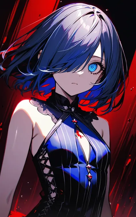 (masterpiece)、(absurdres)、(ultra detailed),Crazy Eyes、despair、Dark Side、closed mouth,Blood droplets、darkness,Blood pool space、Blood dripping background:1.3、solo girl、slender:1.1、shiny ultramarine hair、straight hair、short bobcut:1.1、hair covering one eye:1....