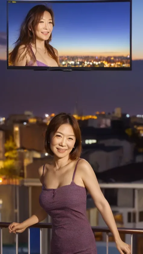 ((Highest quality, 8K, Ultra high definition)), ((masterpiece: 1.3)), (Perfect appearance), (Photorealism: 1.6), (JMA), (PG), (1人のJapanese Mature), (60 years old, Japanese Mature), (A Japanese woman standing on a balcony looking at the night view: 1.6), (S...